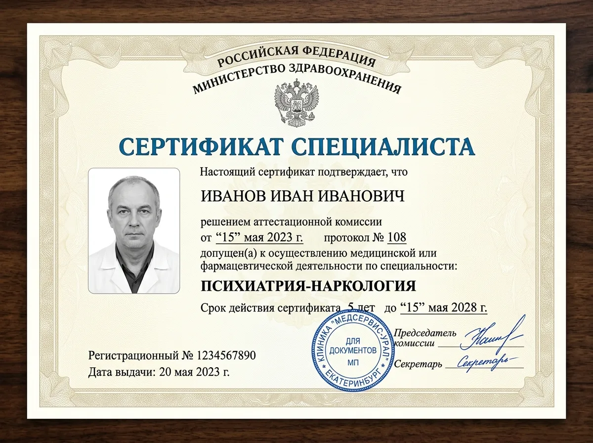 Сертификат специалиста нарколога психиатра клиники МедСервис-Урал, документ с фотографией врача, номером сертификата и гербовой печатью на официальном бланке